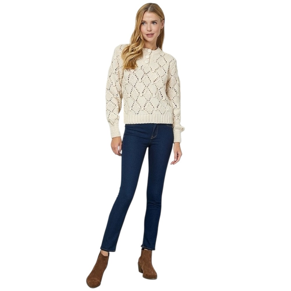 Cream Pointelle Knit Sweater Pullover Balloon Sleeve Button Detail size S, M, L - Picture 2 of 7